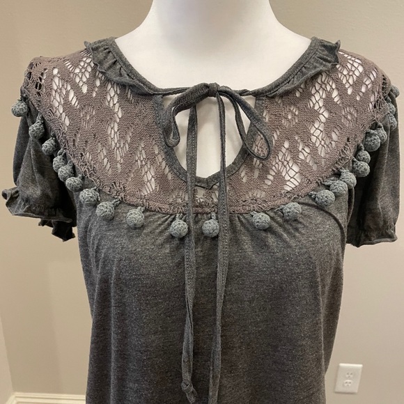 Anthropologie gray lace and pom pom shirt - Picture 2 of 6